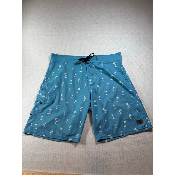 Maui & Sons Men Board Shorts Blue with Palm Trees Black Shark 4 Way Stretch 38 - Picture 3 of 14
